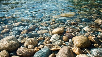 Obraz premium Clear, shallow water reveals a bed of smooth, colorful pebbles and rocks. Sunlight penetrates the water, creating shimmering patterns and highlighting the textures of the stones.