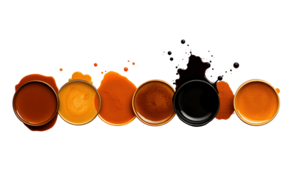 Colorful liquid puddles and spills, paint splatters in various shades on transparent background