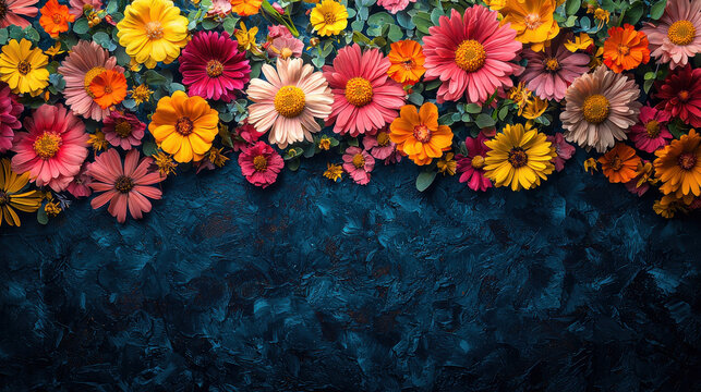 A vibrant carpet of spring flowers, in hues of yellow and pink, spills onto a rich dark blue canvas, creating a captivating top-down view with ample copy space for your message or design 