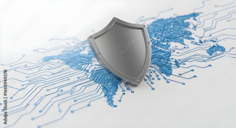 Aufkleber security shield over world map with circuit board pattern | digital protection concept for cybersecu