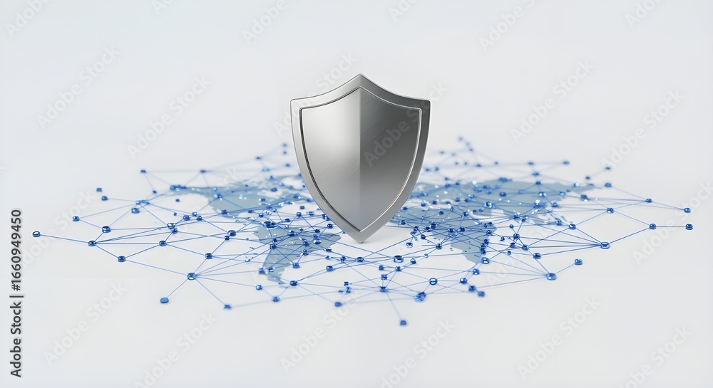 Poster silver shield on a global network | data security concept for cybersecurity technology, privacy prot