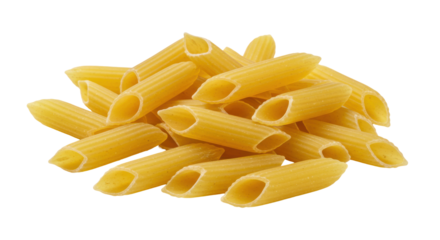 Close up of uncooked penne pasta arranged artistically isolated on white background