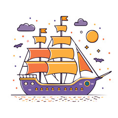Illustration of a purple ship sailing on the sea with orange and yellow sails under the night sky.