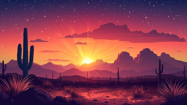 A vibrant, stylized illustration depicts a dramatic desert sunset over a mountainous landscape. A brilliant sun radiates outwards, casting a warm golden glow across the sky