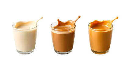 Three glasses of milk with splashes, clear background