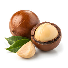 A single macadamia nut isolated on a clean white background, showcasing its round shape, creamy texture,