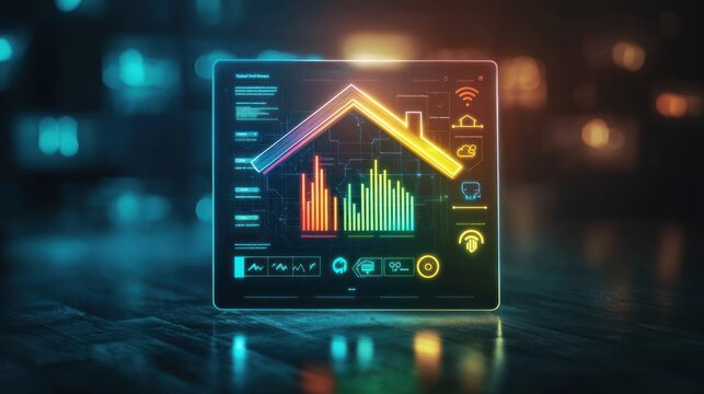 A digital tablet displays a glowing, holographic representation of a house with data visualizations overlaid. The tablet rests on a dark wooden surface, reflecting the vibrant colors of the display.