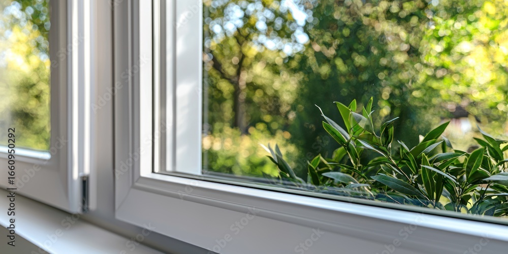 Poster a close-up shot of a white window frame with a view of a lush green garden through the glass. sunlig