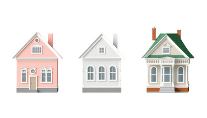 Three charming cartoon houses on transparent background