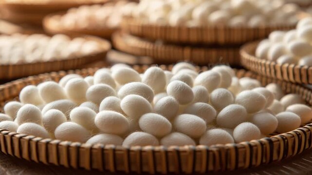 Close-up of white silkworm cocoons on bamboo tray, photorealistic macro shot with natural textures symbolizing silk production, tradition and craftsmanship