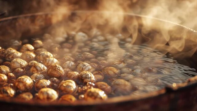 Silkworm cocoons boiling in hot water with rising steam, photorealistic close-up symbolizing traditional silk production, craftsmanship and natural textile making