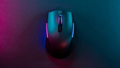 High-Angle View of a Sleek Gaming Mouse Illuminated by Vibrant Pink and Teal Neon Lights.