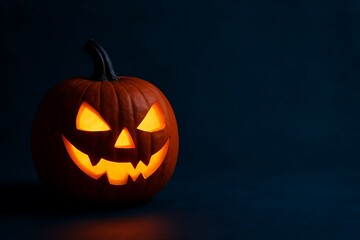 Obraz premium Glowing jack-o'-lantern with a spooky face stands against a dark blue background in dim lighting.