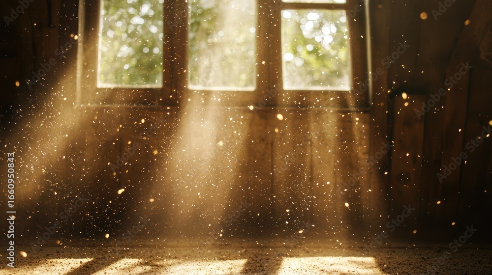 Poster sunlight streams through a window, illuminating dust motes dancing in the air within a rustic, woode
