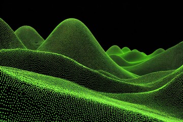 Abstract digital landscape of undulating green hills, dotted with tiny points on a black background