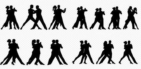 A set of fourteen black silhouettes of couples performing various passionate and elegant tango dance moves.
