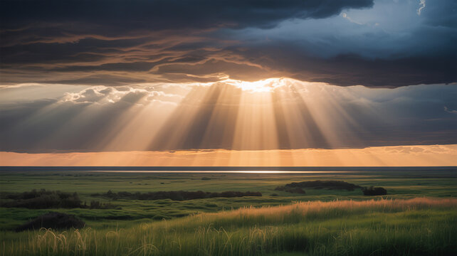 Golden sun rays pierce through dramatic storm clouds over a serene field, creating a breathtaking display of natural light and beauty