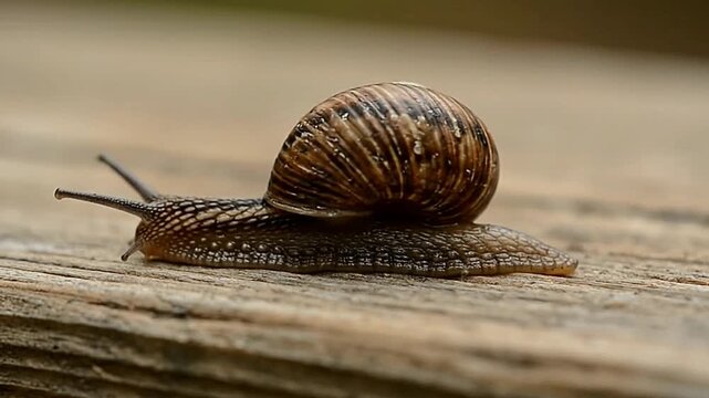 A snail with a brown shell crawls across a wooden surface antennae extended
