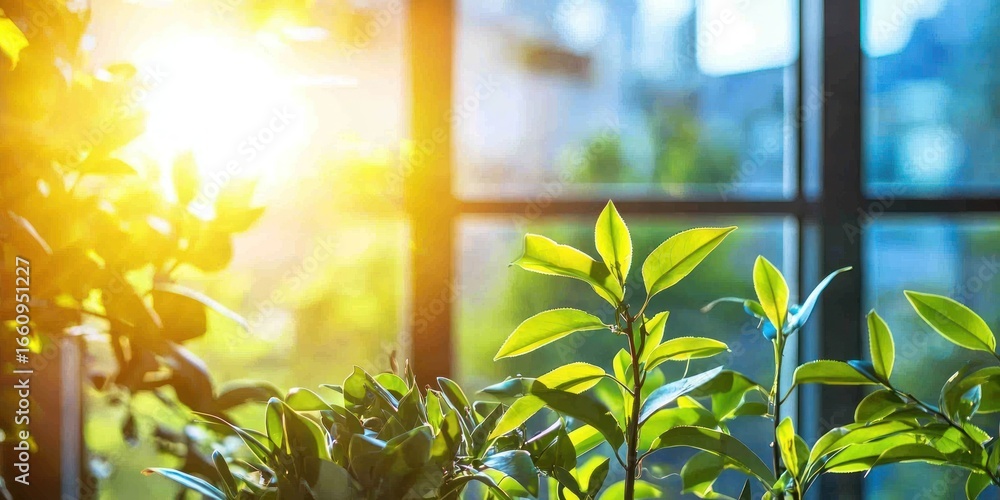 Poster sunlight streams through a window, illuminating a leafy plant in the foreground. the window frame is