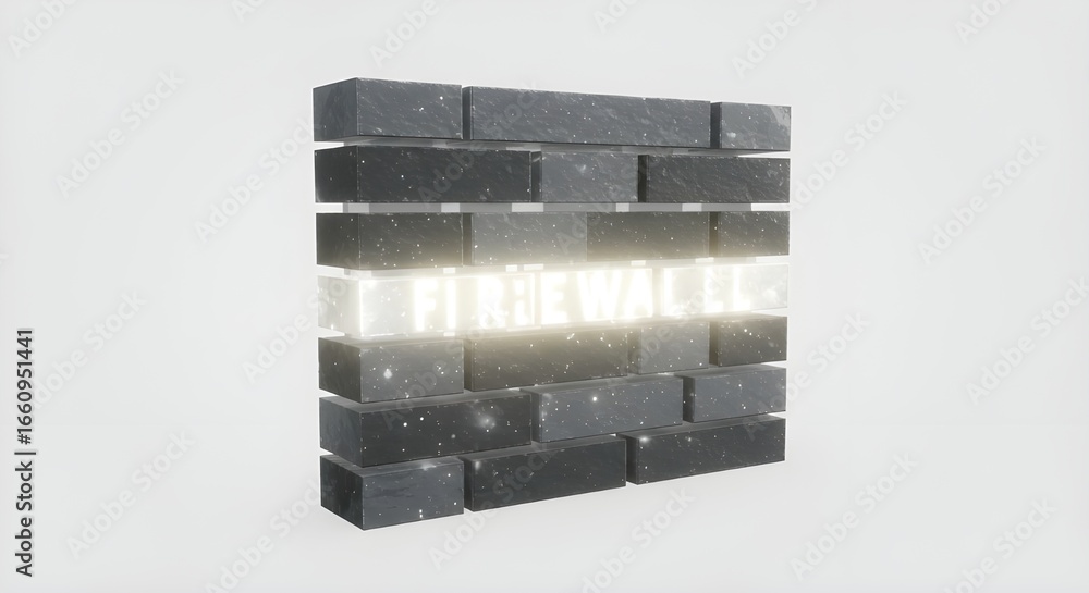 Poster firewall text glowing between dark gray bricks | cyber security concept for technology and network p