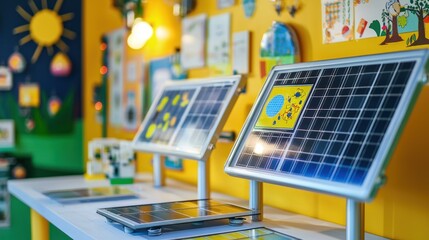 A brightly colored educational exhibit displays solar panels on a yellow table. A large, cartoon sun graphic is affixed to each panel.