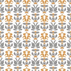 A seamless floral pattern featuring symmetrical motifs in gray and orange on a white background. The repeating design combines stylized flowers and leaves, creating a modern for decorative.