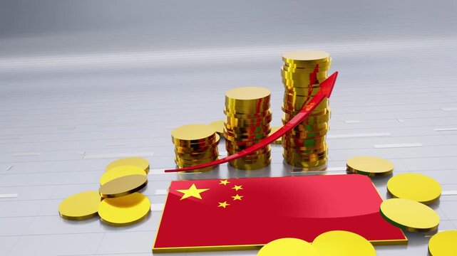 China Flag With Finance Growth Gold Coins Chart and Arrow