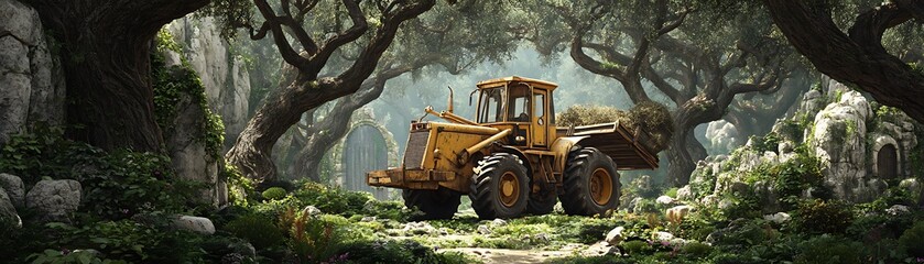 A yellow loader carries hay through a mystical forest, ancient stone structures line the path