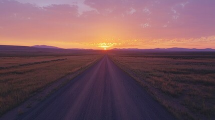 Fototapeta premium A long, straight gravel road stretches into the distance, leading towards a vibrant sunset. The sky is filled with shades of pink, orange, and purple, creating a dramatic and beautiful horizon. 