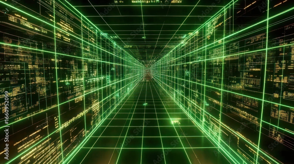 Wall mural digital grid perspective of a virtual cybernetic computer technology background
