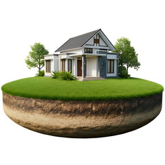 Modern House on Floating Green Island 3D Illustration