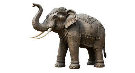 Majestic elephant statue standing proudly with intricate carvings in a serene garden isolated on white background