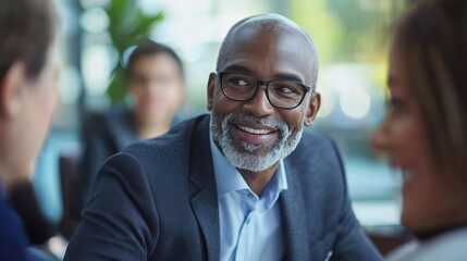 Fototapeta premium A smiling, mature Black man in a dark suit is engaged in a conversation with a group of colleagues in a modern, brightly lit restaurant. He is wearing glasses and a neatly trimmed gray beard. 