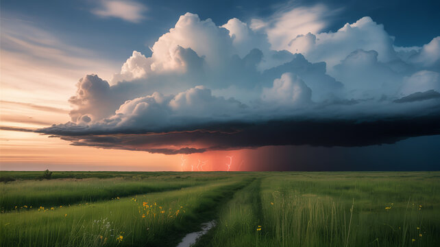 Dramatic thunderstorm over a green field at sunset with lightning strikes and dark clouds creating a powerful and awe inspiring scene
