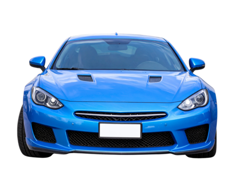 Blue Supercar with Distinctive Front Air Dam, Front-Centered View, isolated on a transparent background.