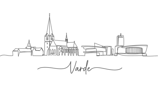 Varde with Denmark, and skyline vector line drawing.