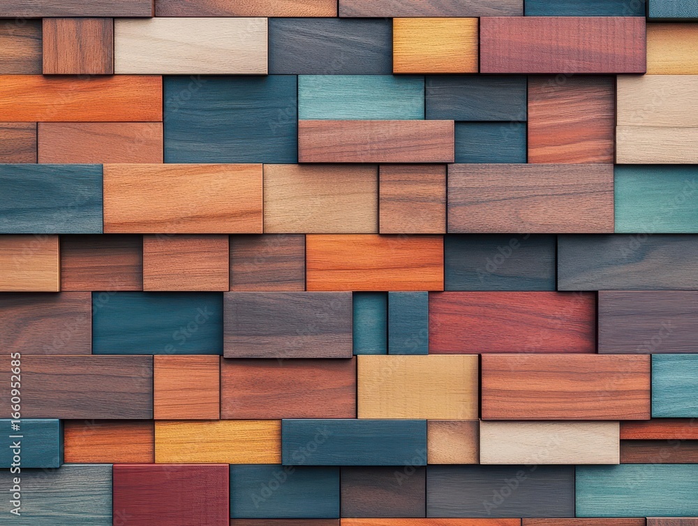 Aufkleber vibrant multicolored wooden blocks arranged in a complex pattern with a variety of shapes and bright