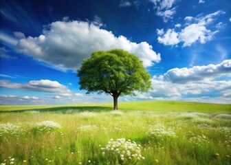 A lone tree standing in a vast meadow under clear blue sky with fluffy white clouds