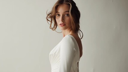 Elegant bridal gown with beautiful back design, showcasing models soft curls and graceful posture in romantic fashion photography - Powered by Adobe