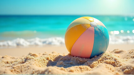 Obraz premium A Vibrant Beach Ball Resting on the Golden Sand Against a Turquoise Sea Background