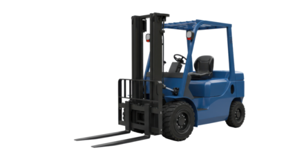 Blue forklift positioned on a warehouse floor isolated on white background ready for lifting heavy loads
