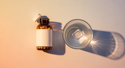Amber Pill Bottle and Glass of Water in Sunlight