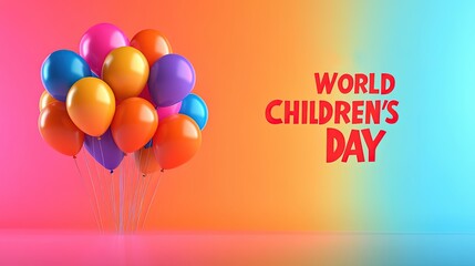 "WORLD CHILDREN'S DAY" text next to a group of colorful balloons, symbolizing joy and childhood. The background is a gradient of bright primary colors, representing playfulness and innocence.