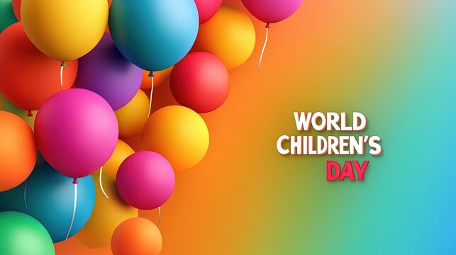 "WORLD CHILDREN'S DAY" text next to a group of colorful balloons, symbolizing joy and childhood. The background is a gradient of bright primary colors, representing playfulness and innocence. - Powered by Adobe