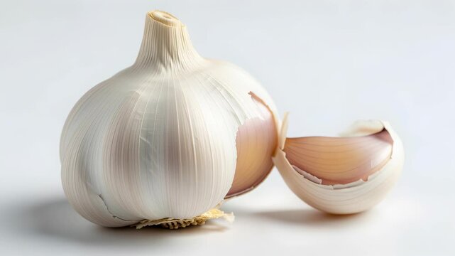 Close Up of Garlic Bulb with a Clove Partially Removed Displayed Against a Pure White Surface