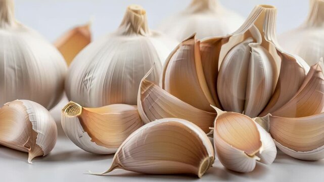 Close Up of Garlic Bulbs and Cloves Displayed on White Background with Smooth Texture Food Photography