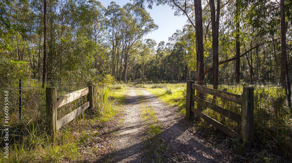 Poster a weathered wooden gate leads into a dirt path winding through a dense forest. sunlight streams thro