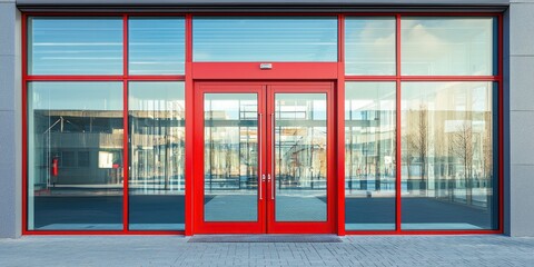 A modern industrial building features a large glass facade with red metal doors and frames. The building has a gray concrete base and a dark gray upper section. 