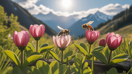 Bees gather pollen from vibrant pink alpine flowers against a stunning mountain backdrop, capturing the essence of spring in nature