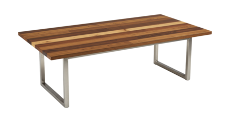 Stylish wooden coffee table with metal legs isolated on white background in a modern living room setting